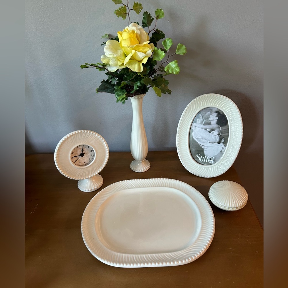 Stiffel Porcelain Vanity Set Clock,  Trinket Dish, Picture Frame, Vase and Tray.